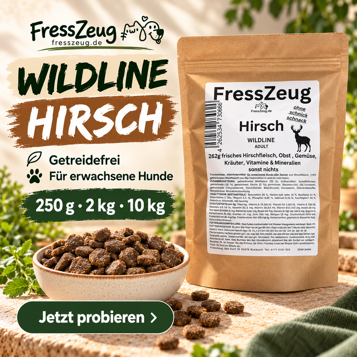 FressZeug Hirsch WILDLINE Adult – Getreidefreies Trockenfutter – Werbebild