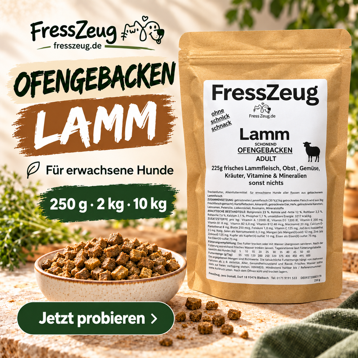 FressZeug Lamm Ofengebacken Adult – Schonend gebackenes Trockenfutter für ausgewachsene Hunde – Werbebild