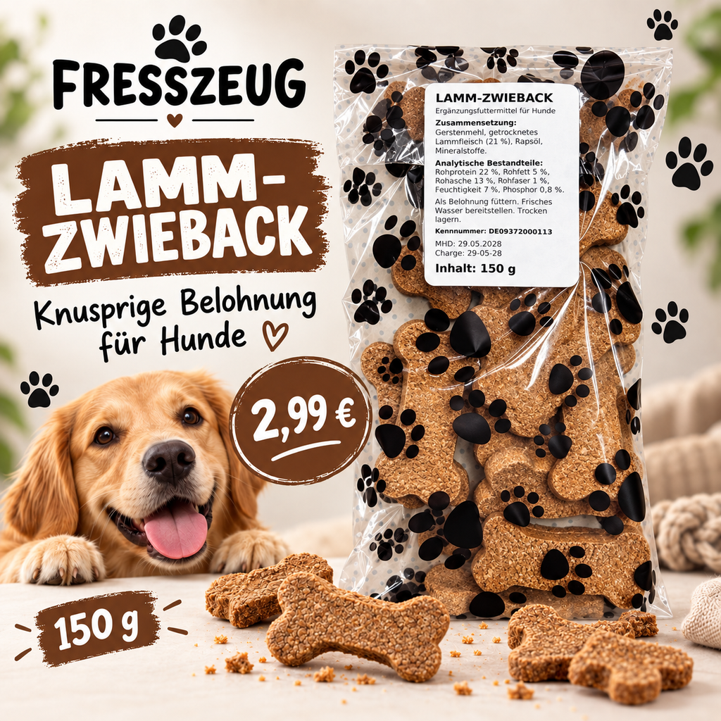 FRESSZEUG Lamm-Zwieback 150 g – Werbebild