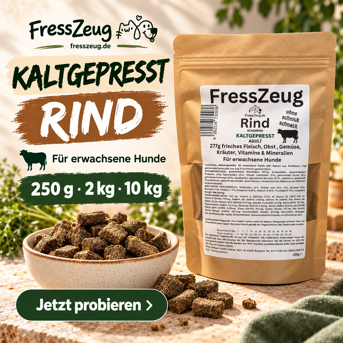 FressZeug Rind KALTGEPRESST Adult – Trockenfutter für erwachsene Hunde – Werbebild