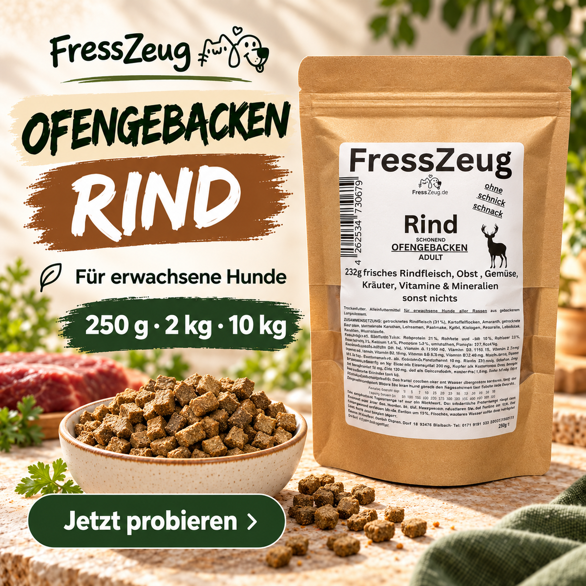 FressZeug Rind Ofengebacken Adult – Schonend gebackenes Trockenfutter für ausgewachsene Hunde – Werbebild