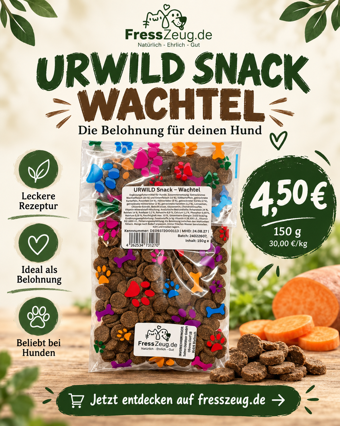 FressZeug URWILD Snack Wachtel 150 g – Hundebelohnung für 4,50 Euro