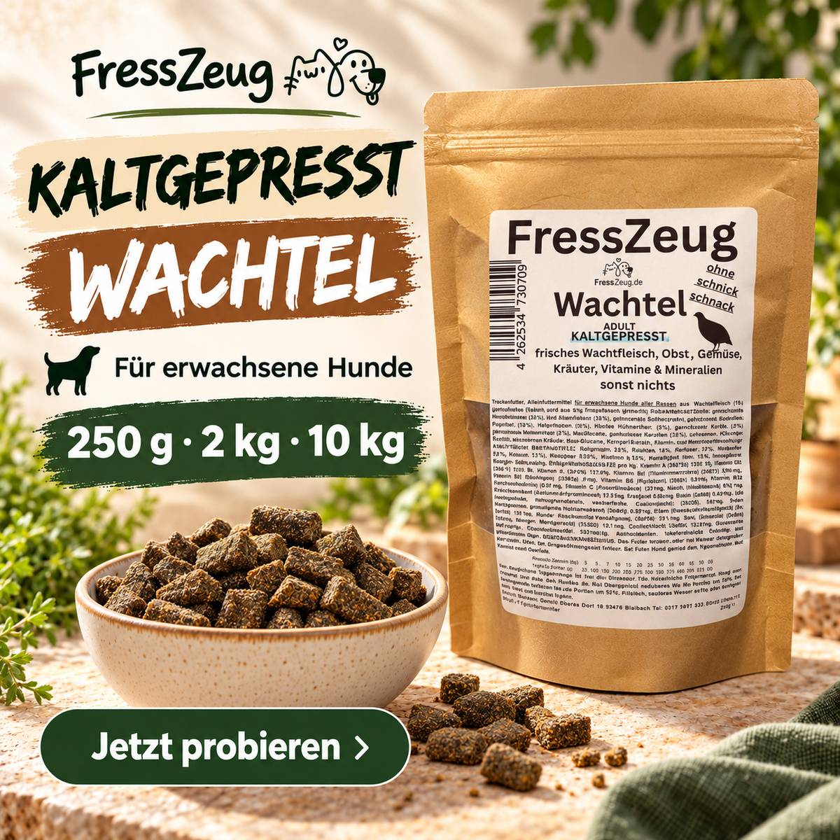 FressZeug Wachtel Adult – Kaltgepresstes Trockenfutter – Werbebild