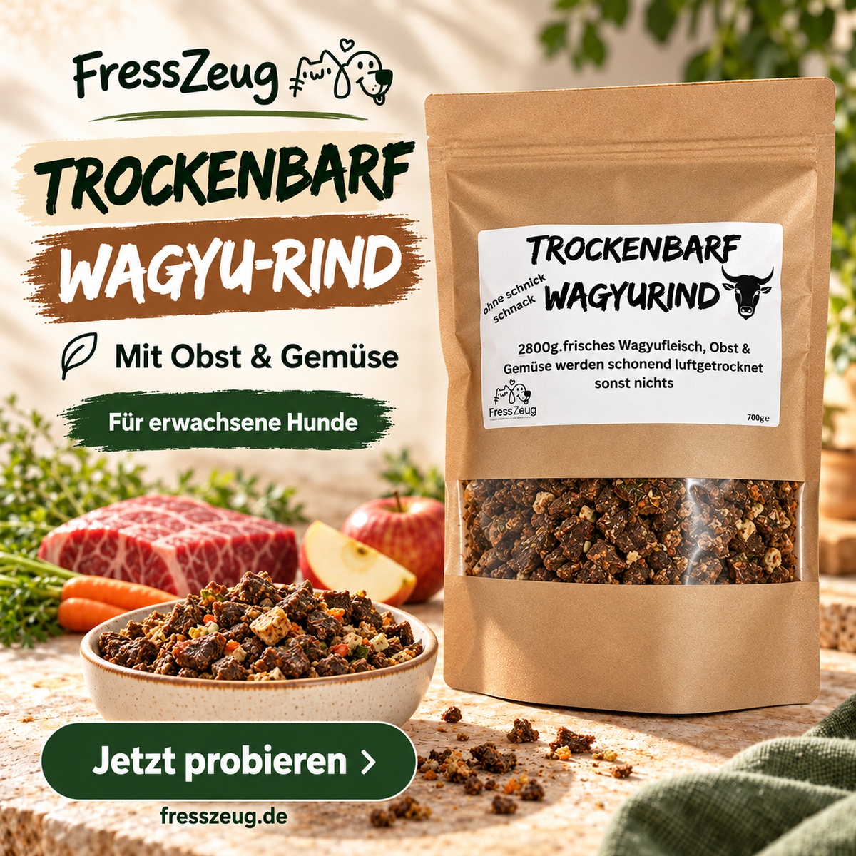 Trockenbarf Wagyu-Rind mit Obst & Gemüse – Werbebild