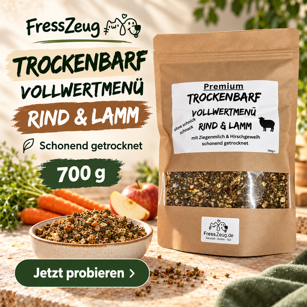 FressZeug Trockenbarf Rind & Lamm 700 g – Werbebild