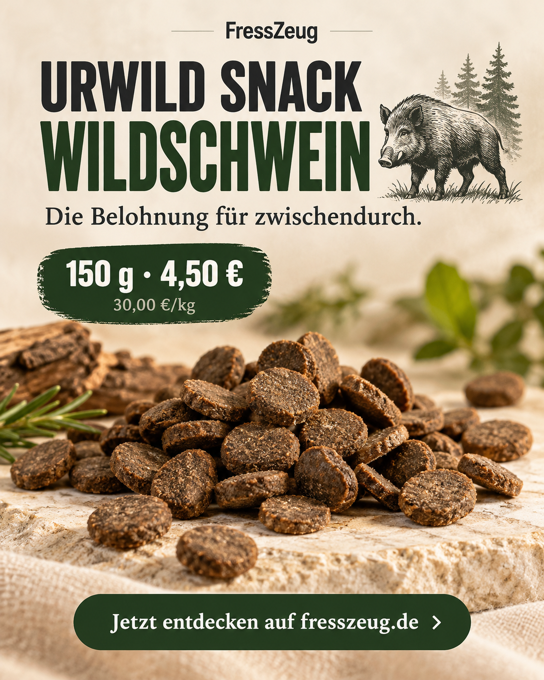 FressZeug URWILD Snack wildschwein 150 g – Werbebild