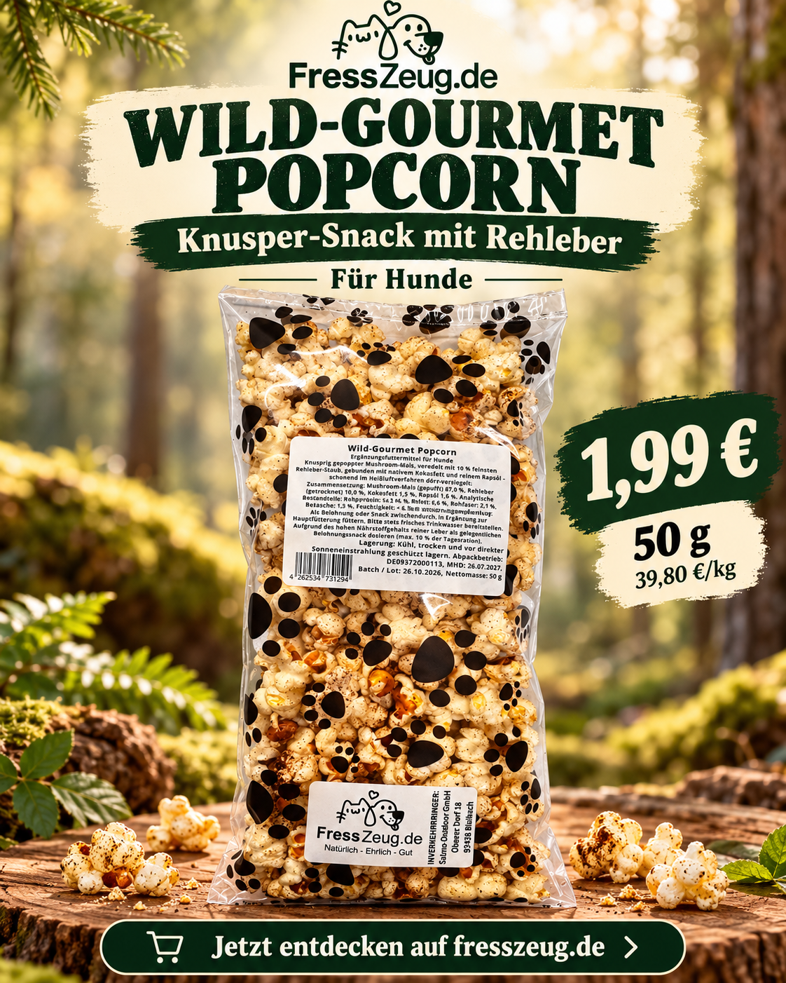 FressZeug Wild-Gourmet Popcorn mit Rehleber 50 g – 1,99 Euro